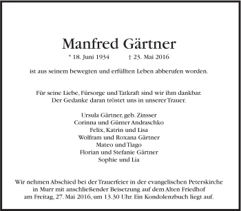 Traueranzeige von Manfred Gärtner von Marbacher Zeitung