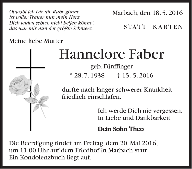  Traueranzeige für Hannelore Faber vom 18.05.2016 aus Marbacher Zeitung