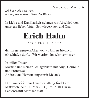 Traueranzeige von Erich Hahn von Marbacher Zeitung