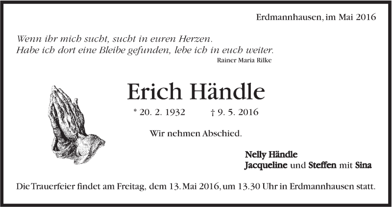  Traueranzeige für Erich Händle vom 11.05.2016 aus Marbacher Zeitung
