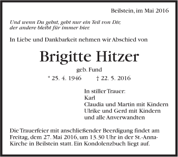 Traueranzeige von Brigitte Hitzer von Marbacher Zeitung