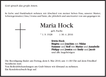 Traueranzeige von Maria Hock von Marbacher Zeitung