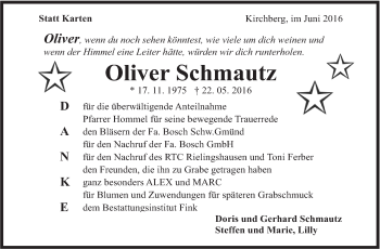 Traueranzeige von Oliver Schmautz von Marbacher Zeitung