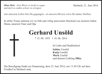Traueranzeige von Gerhard Unsöld von Marbacher Zeitung