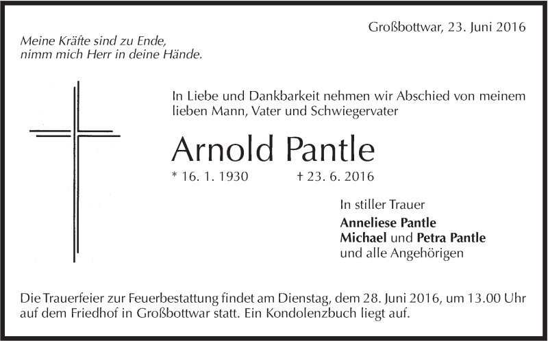  Traueranzeige für Arnold Pantle vom 25.06.2016 aus Marbacher Zeitung