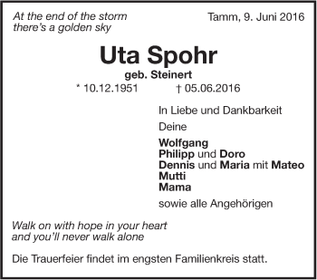 Traueranzeige von Uta Spohr von Marbacher Zeitung