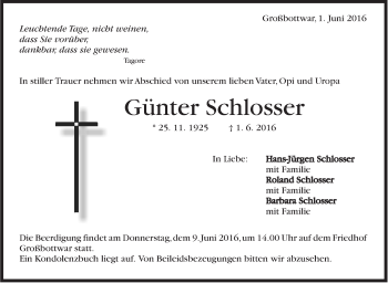 Traueranzeige von Günter Schlosser von Marbacher Zeitung