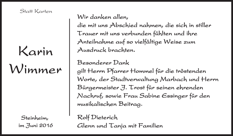  Traueranzeige für Karin Wimmer vom 22.06.2016 aus Marbacher Zeitung