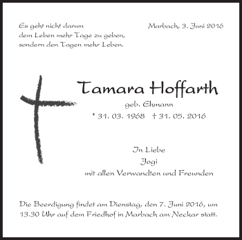 Traueranzeige von Tamara Hoffarth von Marbacher Zeitung