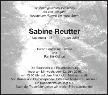 Traueranzeige von Sabine Reutter von Marbacher Zeitung