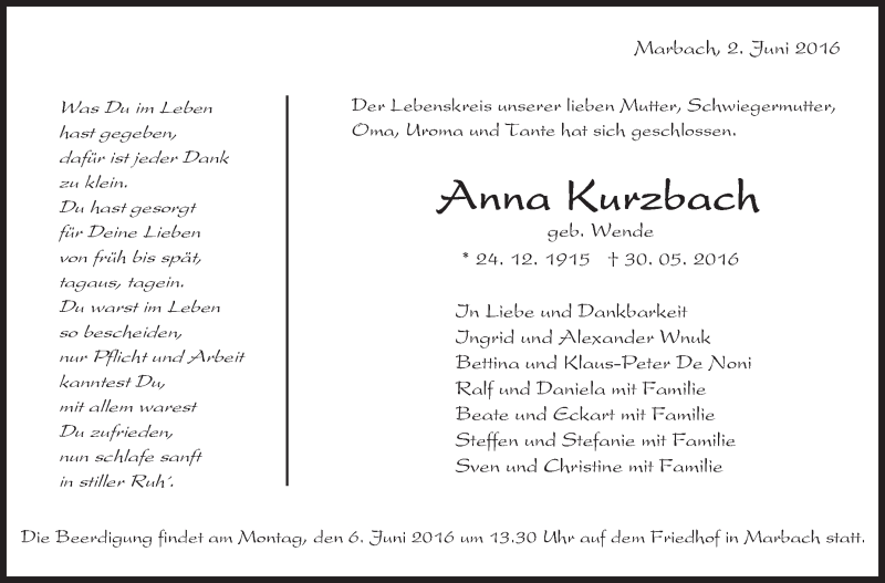 Traueranzeige für Anna Kurzbach vom 02.06.2016 aus Marbacher Zeitung