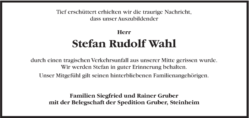  Traueranzeige für Stefan Rudolf Wahl vom 02.06.2016 aus Marbacher Zeitung