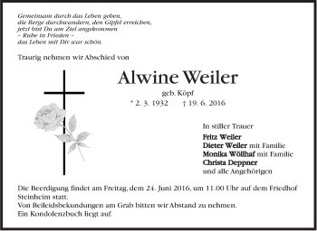 Traueranzeige von Alwine Weiler von Marbacher Zeitung