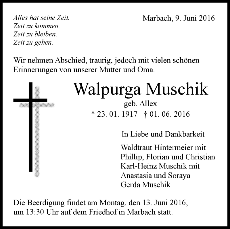  Traueranzeige für Walpurga Muschik vom 09.06.2016 aus Marbacher Zeitung