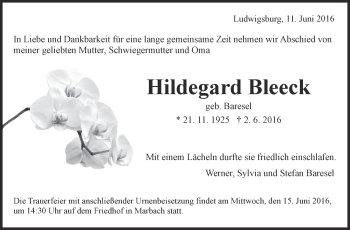 Traueranzeige von Hildegard Bleeck von Marbacher Zeitung