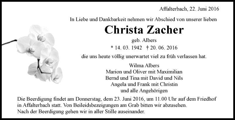  Traueranzeige für Christa Zacher vom 22.06.2016 aus Marbacher Zeitung
