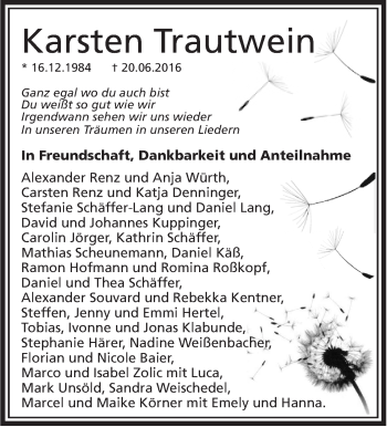 Traueranzeige von Karsten Trautwein von Marbacher Zeitung