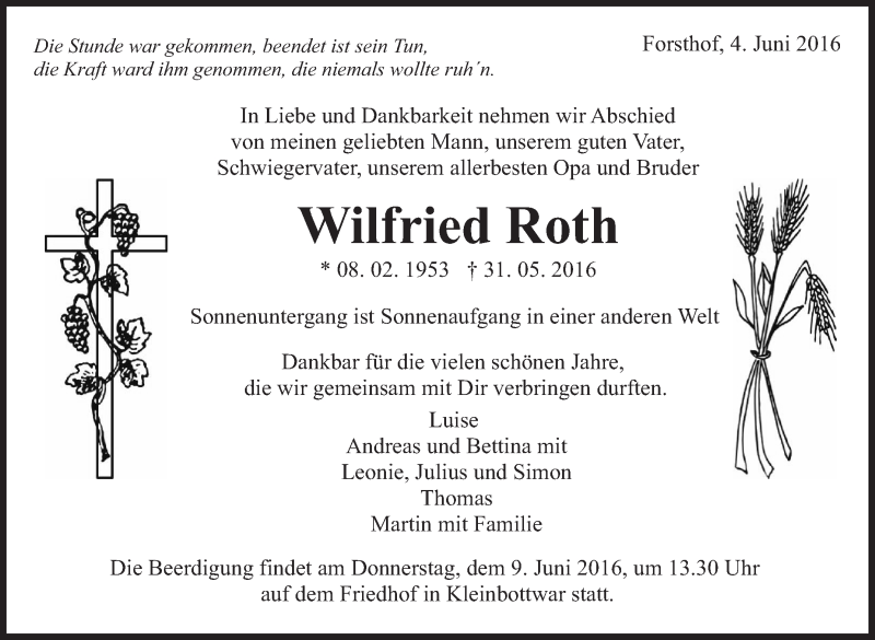  Traueranzeige für Wilfried Roth vom 04.06.2016 aus Marbacher Zeitung