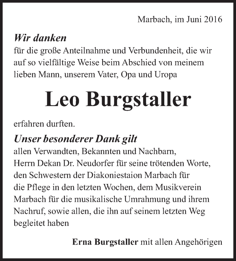  Traueranzeige für Leo Burgstaller vom 04.06.2016 aus Marbacher Zeitung