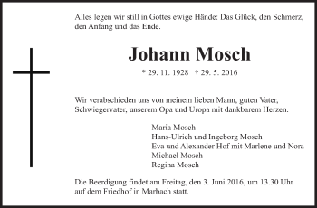 Traueranzeige von Johann Mosch von Marbacher Zeitung