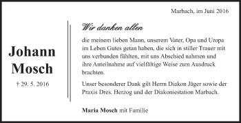 Traueranzeige von Johann Mosch von Marbacher Zeitung
