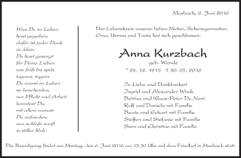 Traueranzeige von Anna Kurzbach von Marbacher Zeitung