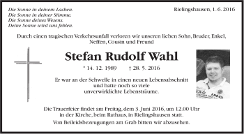 Traueranzeige von Stefan Rudolph Wahl von Marbacher Zeitung