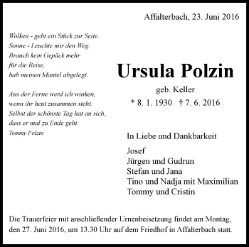 Traueranzeige von Ursula Polzin von Marbacher Zeitung