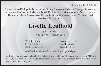 Traueranzeige von Lisette Leuthold von Marbacher Zeitung