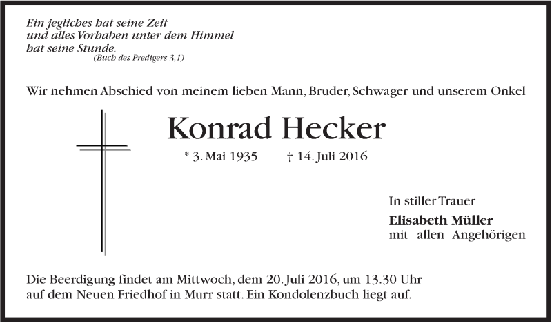  Traueranzeige für Konrad Hecker vom 18.07.2016 aus Marbacher Zeitung