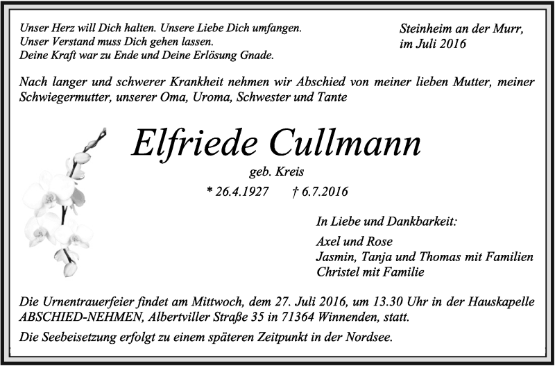  Traueranzeige für Elfriede Cullmann vom 23.07.2016 aus Marbacher Zeitung