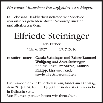 Traueranzeige von Elfriede Steininger von Marbacher Zeitung