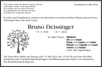 Traueranzeige von Bruno Deissinger von Marbacher Zeitung