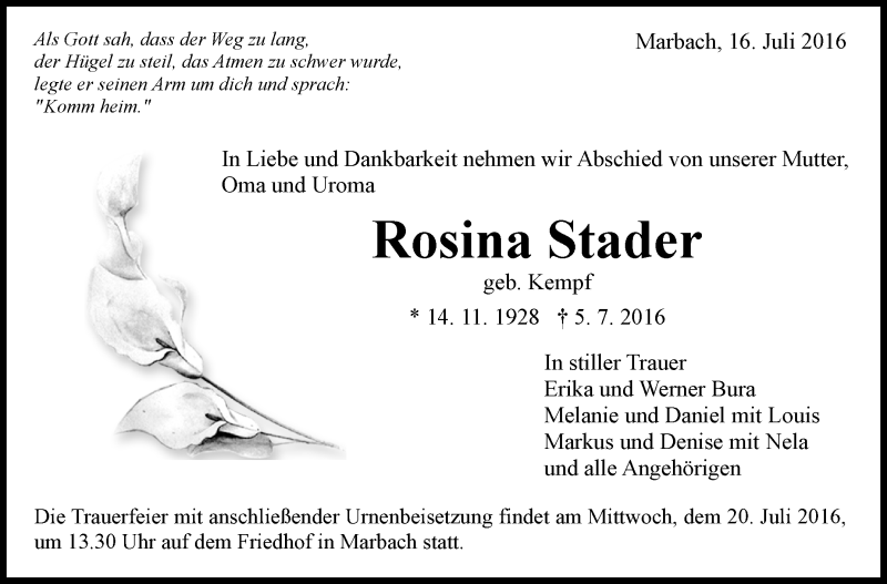  Traueranzeige für Rosina Stader vom 16.07.2016 aus Marbacher Zeitung