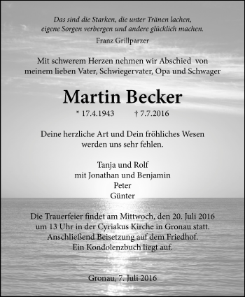 Traueranzeige von Martin Becker von Marbacher Zeitung