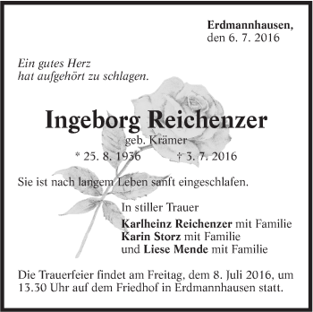 Traueranzeige von Ingeborg Reichenzer von Marbacher Zeitung