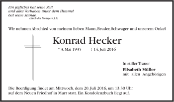 Traueranzeige von Konrad Hecker von Marbacher Zeitung
