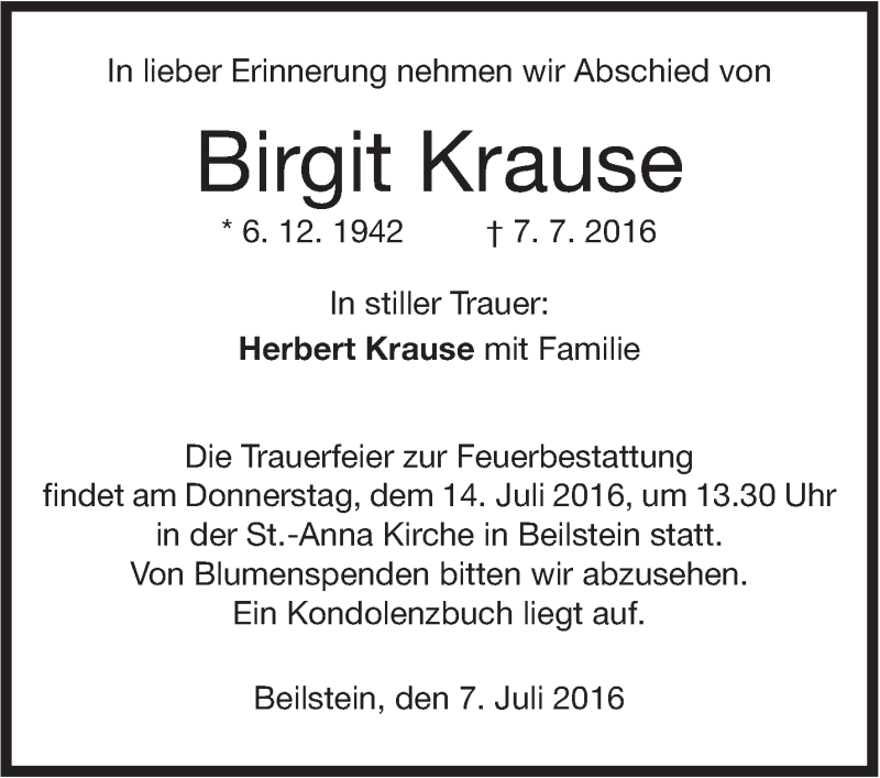  Traueranzeige für Birgit Krause vom 11.07.2016 aus Marbacher Zeitung