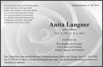 Traueranzeige von Anita Langner von Marbacher Zeitung