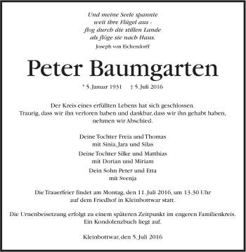 Traueranzeige von Peter Baumgarten von Marbacher Zeitung