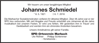 Traueranzeige von Johannes Schmiedel von Marbacher Zeitung