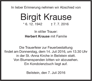 Traueranzeige von Birgit Krause von Marbacher Zeitung