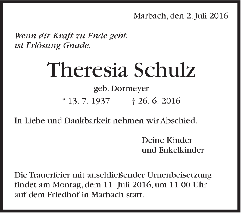  Traueranzeige für Theresia Schulz vom 02.07.2016 aus Marbacher Zeitung