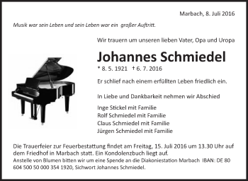 Traueranzeige von Johannes Schmiedel von Marbacher Zeitung