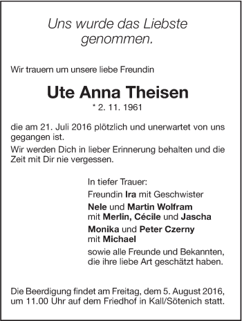 Traueranzeige von Ute Anna Theisen von Marbacher Zeitung