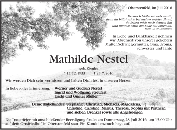 Traueranzeige von Mathilde Nestel von Marbacher Zeitung