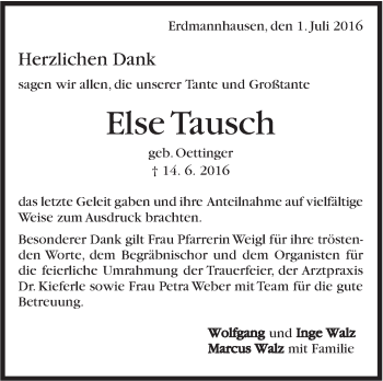 Traueranzeige von Else Tausch von Marbacher Zeitung