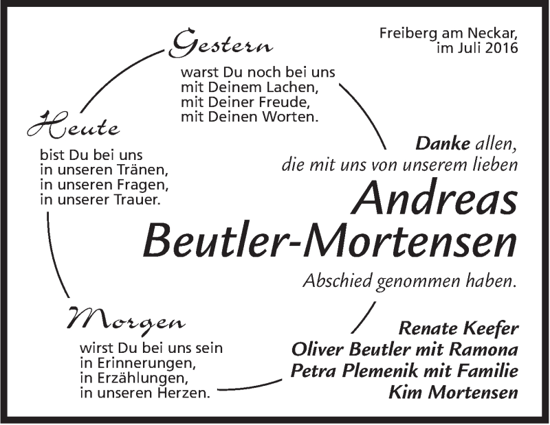  Traueranzeige für Andreas Beutler-Mortensen vom 26.07.2016 aus Marbacher Zeitung