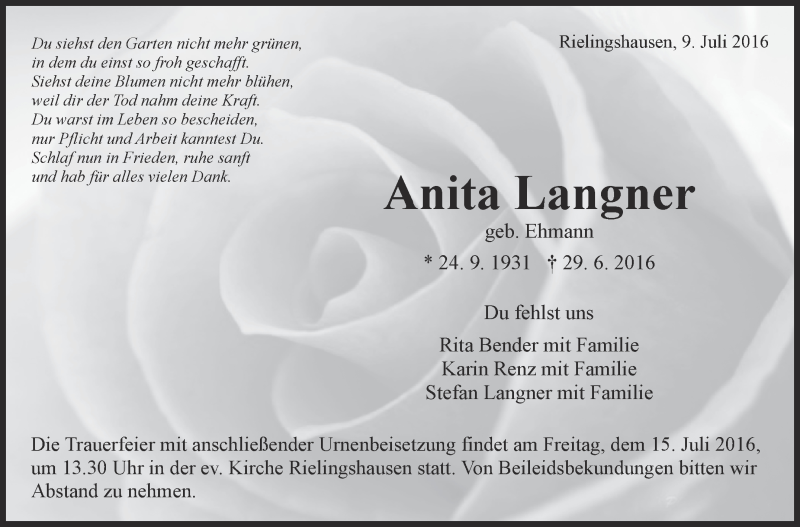  Traueranzeige für Anita Langner vom 09.07.2016 aus Marbacher Zeitung