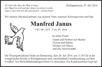 Traueranzeige von  Manfred Janus  von Marbacher Zeitung